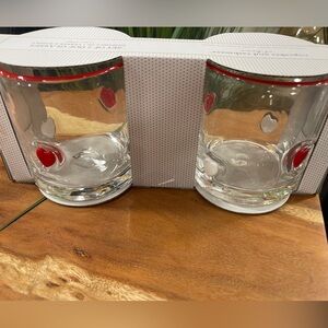 Red Heart & White Hearts Lampwork Embedded Drinking Glasses Set of 2 NWT